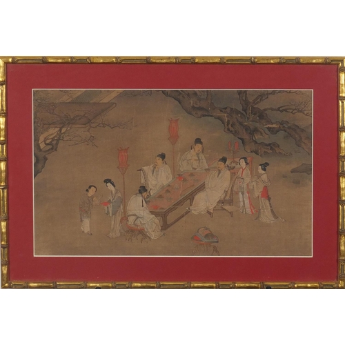 595 - Chinese watercolour on paper depicting figures around a table, label verso, mounted and framed, 41.5... 