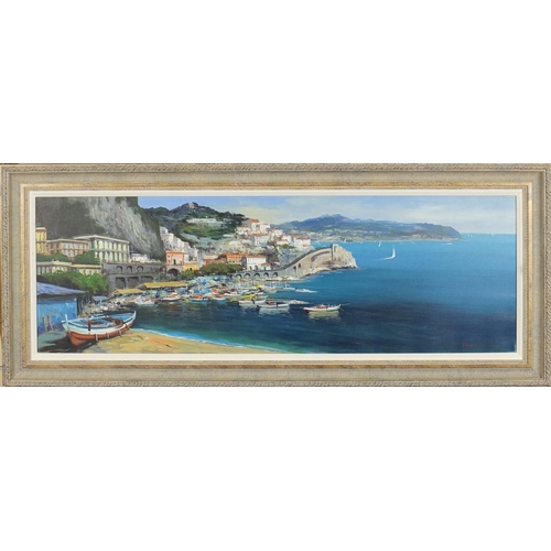 1284 - Antonio Lannicelli - Amalfi harbour scene, oil on canvas, inscribed verso, mounted and framed, 118.5... 