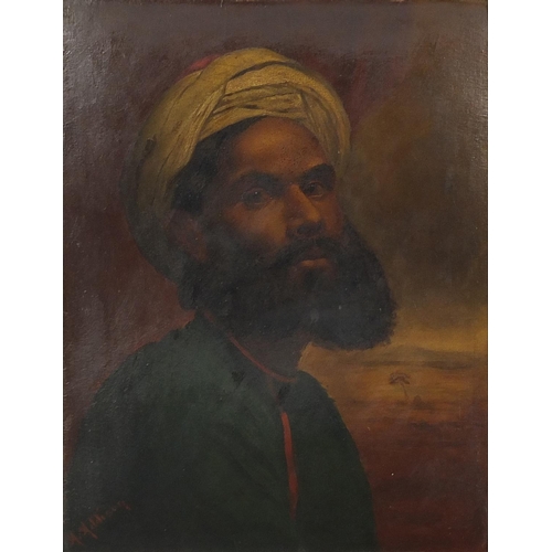 1263 - A Addison - Head and shoulders portrait of a bearded African man wearing a turban, oil on board, mou... 