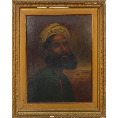 1263 - A Addison - Head and shoulders portrait of a bearded African man wearing a turban, oil on board, mou... 
