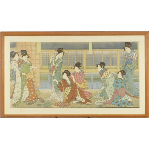 599A - Eight Geisha's in an interior, Japanese watercolour on silk, mounted and framed, 102cm x 52cm