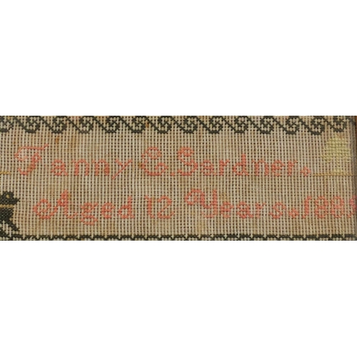 53 - 19th century needlework sampler by Fanny E Gardner aged 12 years 1889, mounted and housed in a birds... 