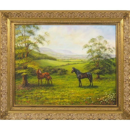2320 - Eileen Bulundell - Horses on a landscape, oil on canvas, mounted and framed, 48.5cm x 38.5cm