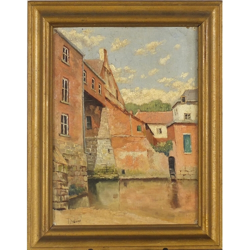 2491 - Building over river, continental school oil on canvas board, bearing an indistinct signature possibl... 