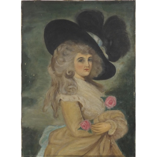 2241 - Top half portrait of a female wearing a wide brimmed hat holding flowers, 19th century oil on canvas... 