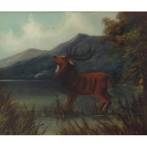 2207 - Stag in water before a mountain landscape, oil on glass, bearing an indistinct signature possibly G ... 