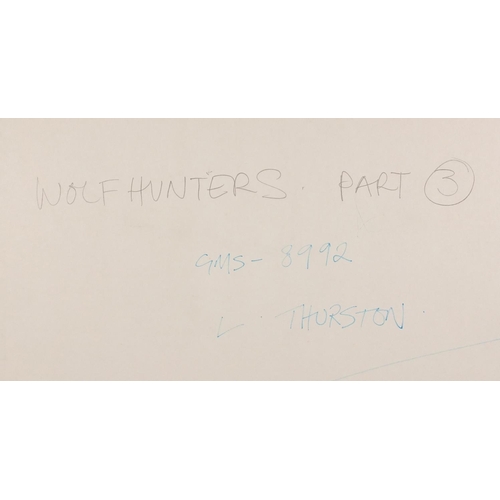 1393 - Len Thurston - Seven oil on card illustrations, The Mad Trapper part Three, Wolf Hunters Part Three,... 