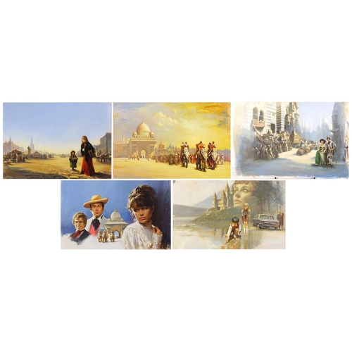 1392 - Len Thurston -  Five oil on card illustrations, Don't Cry Alone, Castle on the Mountain, The India F... 