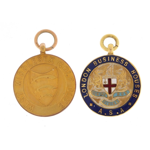250 - Two 9ct gold jewels comprising an enamel London Business Houses example and a West Middlesex Golf Cl... 