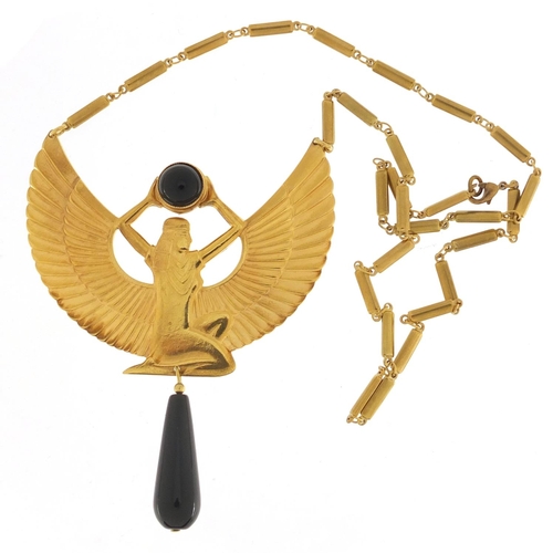 817 - Egyptian Revival jewellery comprising three brooches and a necklace on chain with black cabochon and... 