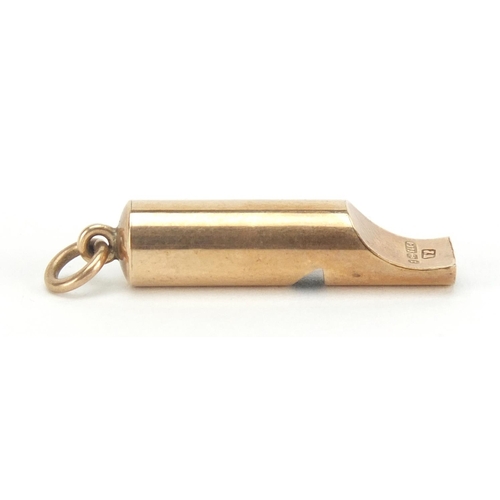 80 - Victorian 9ct gold whistle pendant, Birmingham 1897, 3.7cm in length, approximate weight 2.3g