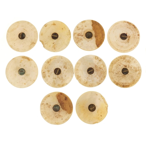 49 - Set of ten Georgian mother of pearl buttons carved with initials, each 4cm in diameter