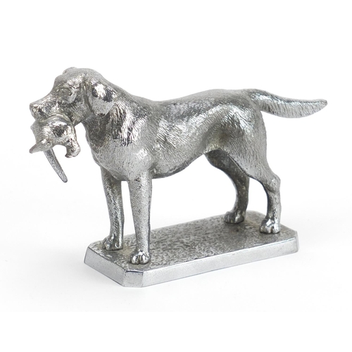 123 - Vintage chrome car mascot in the form of a labrador with its prey, impressed 'made in England' to th... 
