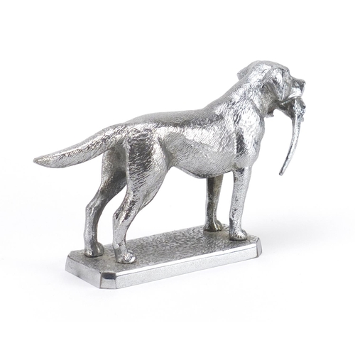 123 - Vintage chrome car mascot in the form of a labrador with its prey, impressed 'made in England' to th... 