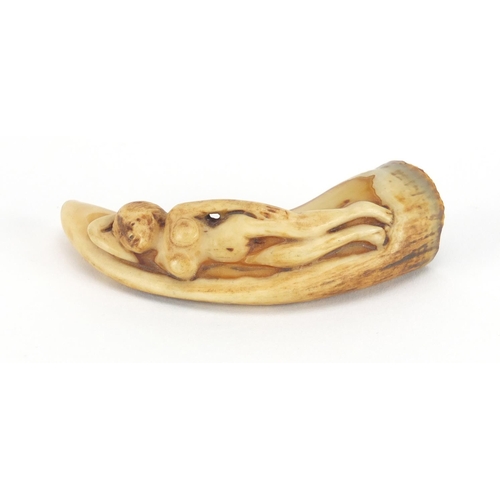100 - Antique sailors ivory tooth carved with a nude female, 7.7cm wide