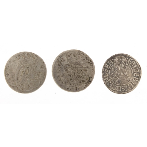 241 - Three antique silver coins including a Danish 1727 4 Skilling, approximate weight 5.9g