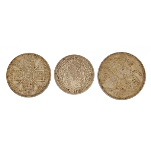 235 - Victorian and later British coinage comprising Queen Victoria 1887 crown, 1887 double florin and a G... 