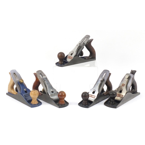 187 - Five vintage Record wood working planes comprising four No.04's and one No.04½