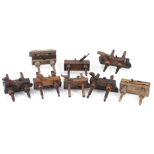 196 - Eight wood working plough planes, some named including A.Wright, A. Mathieson, Emir and Carr & Co