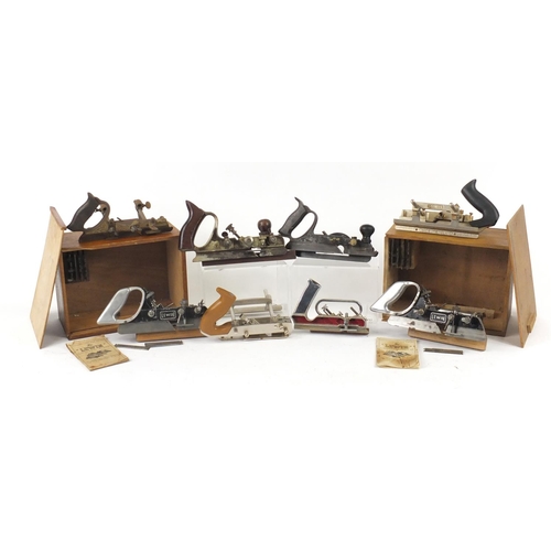 175 - Eight vintage wood working Plough planes including two Lewin, two Stanley, Mitor and Sargent