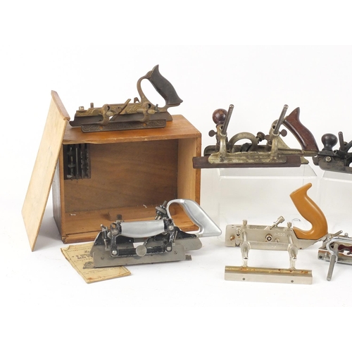 175 - Eight vintage wood working Plough planes including two Lewin, two Stanley, Mitor and Sargent