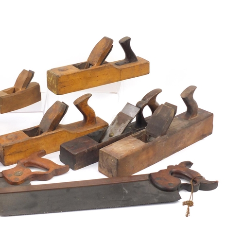 191 - Vintage wood working block planes and saws, including Blythe, Cosby and H Disston