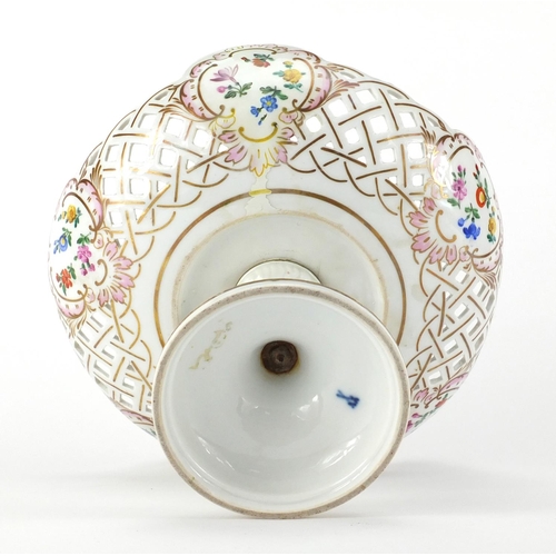 712 - 19th century Meissen porcelain tazza having a pierced rim, hand painted with stylised flowers, blue ... 