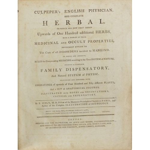 260 - Culpeper's English Physician and Complete Herbal, antique hardback book, printed for The Proprietor ... 