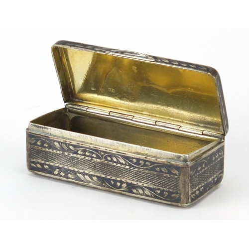 839 - Russian silver niello work box engraved with flowers and gilt interior, impressed marks OP 84 Moscow... 