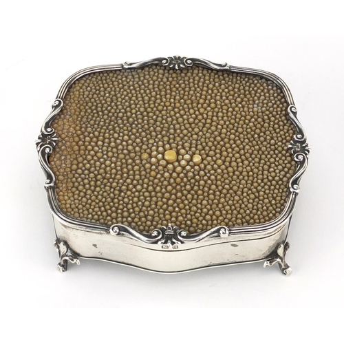 833 - Silver and shagreen four footed jewel box, with velvet lined interior, by E S Barnsley & Co, Birming... 