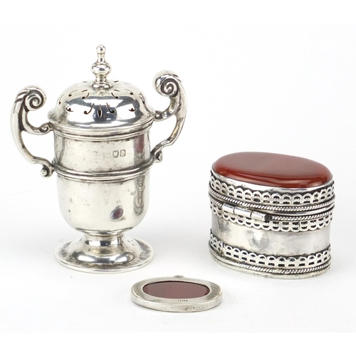 886 - Silver twin handled trophy caster, an Islamic carnelian pendant and similar box, various hallmarks, ... 