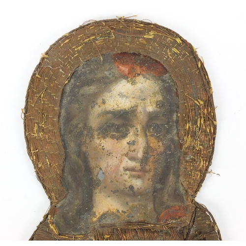 9 - Antique Russian hand painted needlework icon of Madonna, 24cm x 15cm