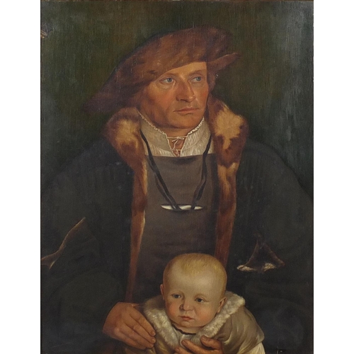 1154 - Attributed to Ford Madox Brown - Gentleman in Tudor dress holding a child, 19th century oil on panel... 