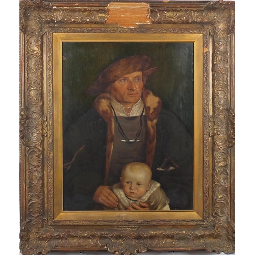 1154 - Attributed to Ford Madox Brown - Gentleman in Tudor dress holding a child, 19th century oil on panel... 