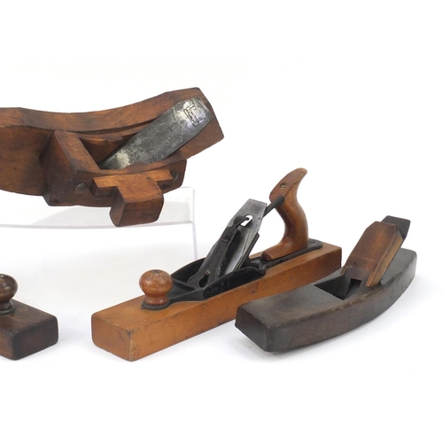 195 - Five 19th century wood working planes including three curved planes, the largest 40cm in length