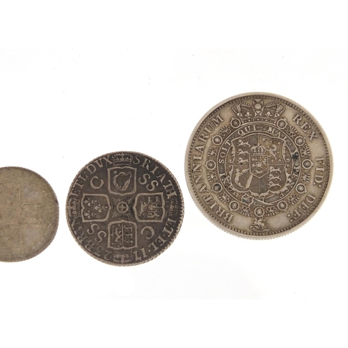 225 - George I and later British coinage comprising George I 1723 shilling, George II 1757 six pence and t... 