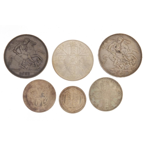 232 - Victorian coinage comprising 1887 and 1897 crowns, 1887 double florin, 1896 and 1887 florins and an ... 