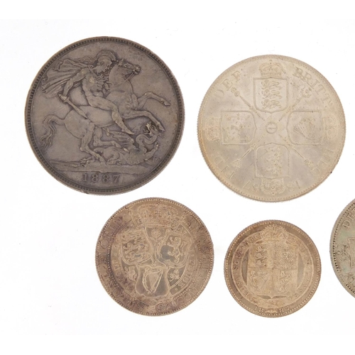 232 - Victorian coinage comprising 1887 and 1897 crowns, 1887 double florin, 1896 and 1887 florins and an ... 