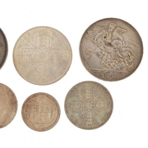 232 - Victorian coinage comprising 1887 and 1897 crowns, 1887 double florin, 1896 and 1887 florins and an ... 