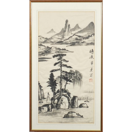 594 - Chinese watercolour depicting a river landscapewith script and red seal marks, mounted and framed, 6... 