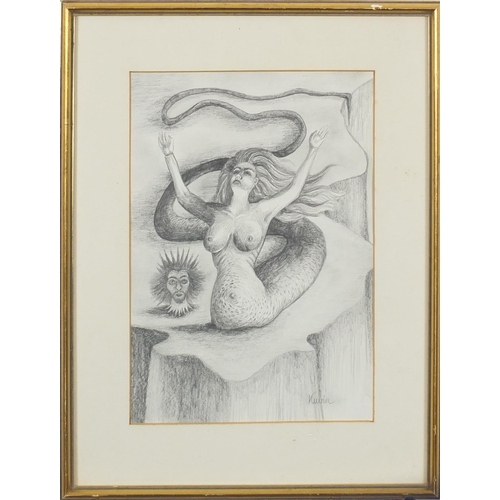 1245 - Surreal composition of a mermaid, pencil on paper, bearing a signature Kubin, mounted and framed, 26... 