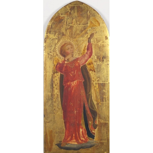 1242 - Angel with an instrument, 19th century Italian school watercolour and gold leaf on wood panel, inscr... 