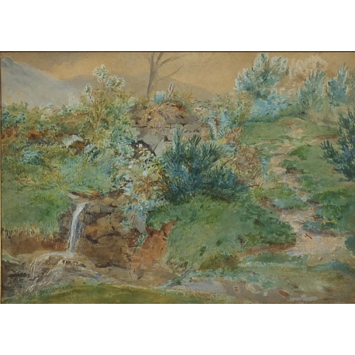 1381 - Attributed to Paul Jacob Naftel - Waterfall in a garden and out buildings, pair of 19th century wate... 