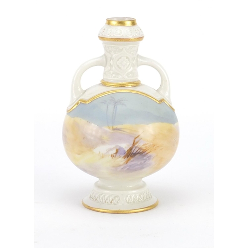 694 - Royal Worcester porcelain vase with twin handles, hand painted with a stork in water, factory marks ... 