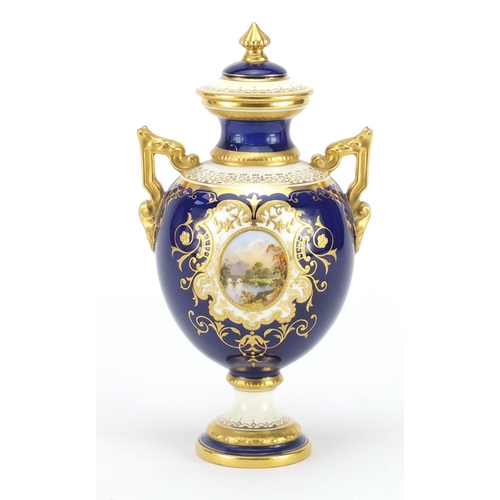 696 - Coalport porcelain vase and cover with twin handles retailed by Stonier & Co, finely hand painted wi... 