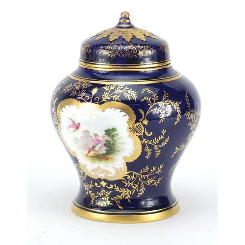 697 - Coalport potpourri vase and cover, hand painted with panels of birds and flowers, within gilt foliat... 