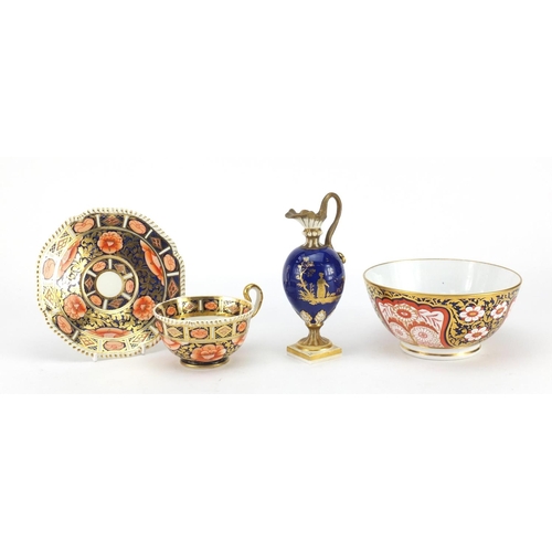 679 - Early 19th century Spode Imari porcelain bowl, cup and saucer and a Derby cobalt blue ground ewer, g... 