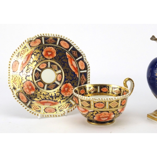 679 - Early 19th century Spode Imari porcelain bowl, cup and saucer and a Derby cobalt blue ground ewer, g... 