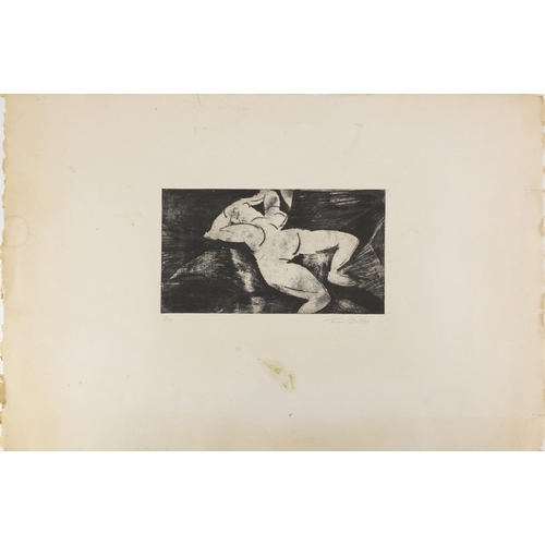 1422 - Abstract composition, reclining nude female, limited edition etching, bearing an indistinct signatur... 