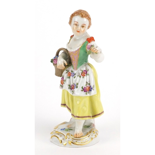 710 - 19th century Meissen porcelain figurine of a girl holding a basket of flowers, blue cross sword mark... 